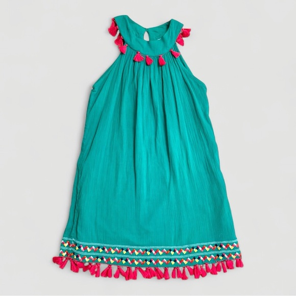 Mer St. Barth Women’s Tassel Dress, Teal with Pink Fringe One Size - $260 Retail - Picture 1 of 5